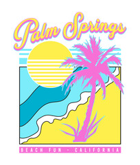 Palm Springs beach fun slogan print design with abstract beach sun and palm illustration in bright colors - obrazy, fototapety, plakaty