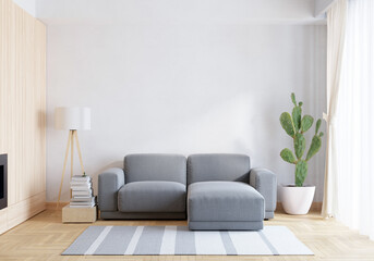 Fototapeta na wymiar Gray sofa in living room with copy space, 3D rendering