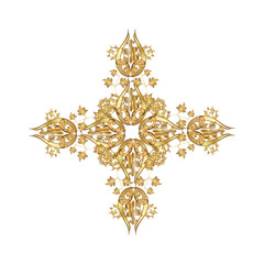 Snowflake icon, isolated on white background with golden elements