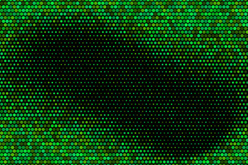 Abstract black background with a combination glowing green dots. Circle black textured background with shining green vector halftone pattern.