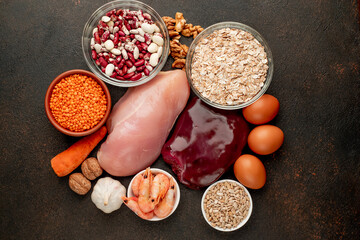 Zinc-rich foods on a stone background, Healthy sources of zinc.