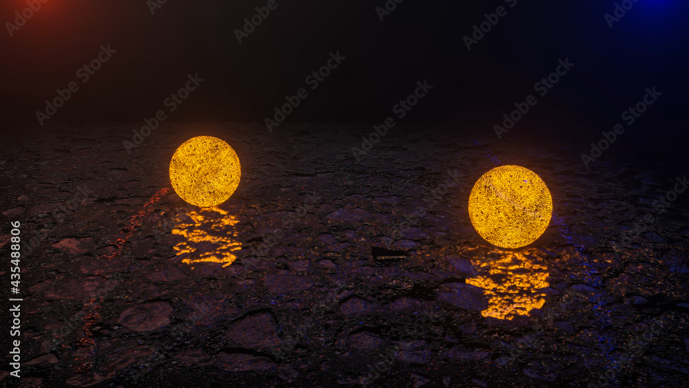 Poster spheres with a luminous texture on a dark rough surface. abstract three-dimensional composition. 3d 