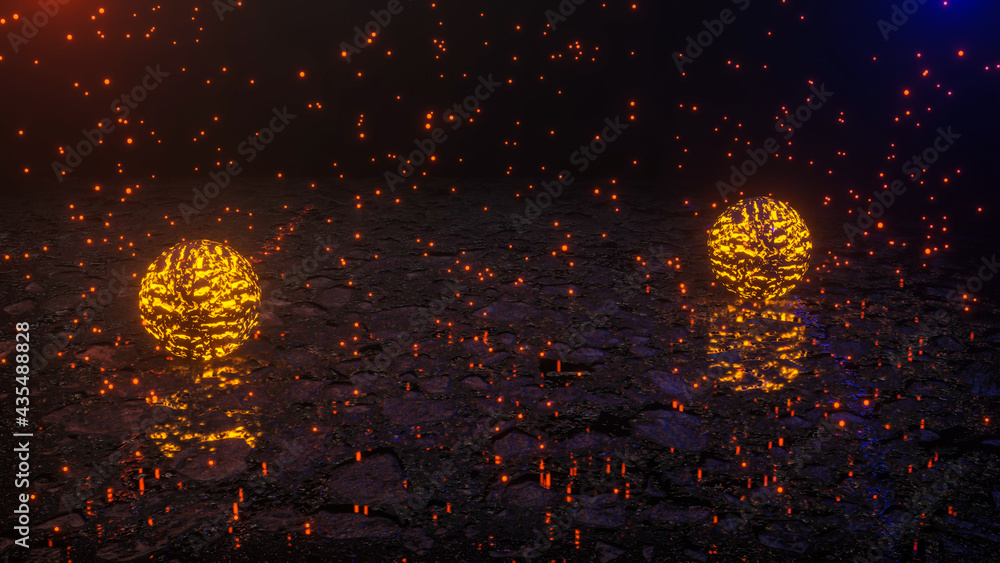 Poster spheres with a luminous texture on a dark rough surface. abstract three-dimensional composition. 3d 