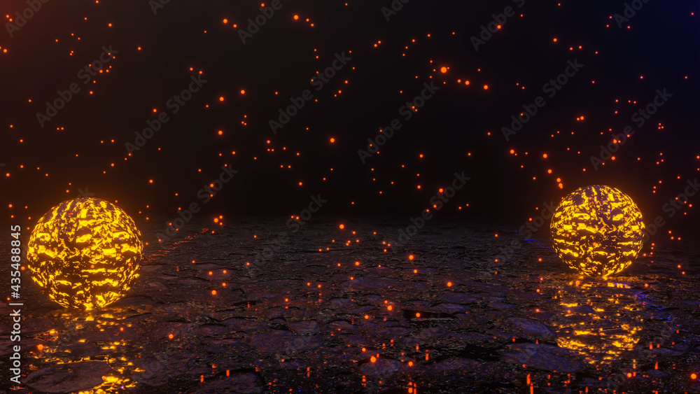 Poster spheres with a luminous texture on a dark rough surface. abstract three-dimensional composition. 3d 