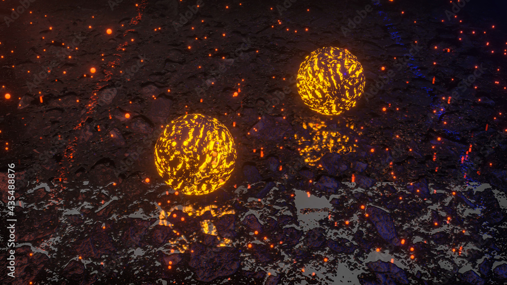 Poster spheres with a luminous texture on a dark rough surface. abstract three-dimensional composition. 3d 