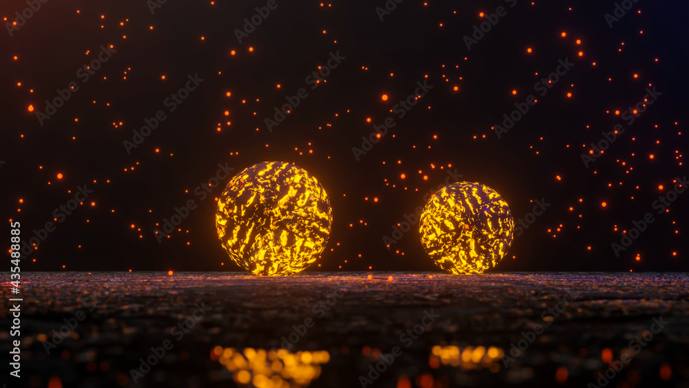 Poster spheres with a luminous texture on a dark rough surface. abstract three-dimensional composition. 3d 