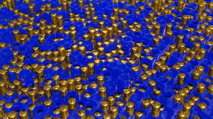 Obraz premium abstract background of golden cylinders sticking out of blue cubes with holes. 3d render illustration