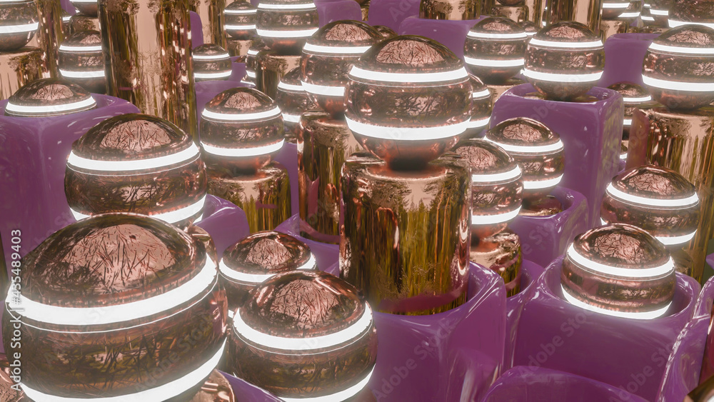 Poster abstract background of cylinders with spheres sticking out of cubes and with holes. 3d render illust