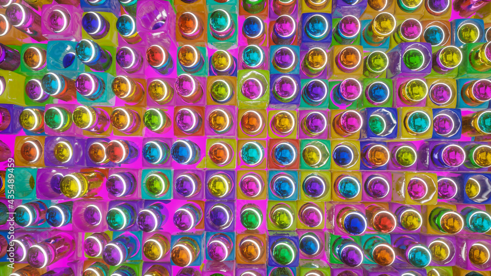 Poster abstract background of multicolored cylinders with spheres sticking out of cubes and with holes. 3d 