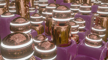 abstract background of cylinders with spheres sticking out of cubes and with holes. 3d render illustration