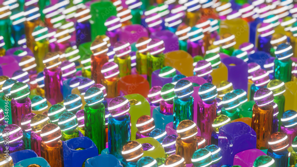Poster abstract background of multicolored cylinders with spheres sticking out of cubes and with holes. 3d 