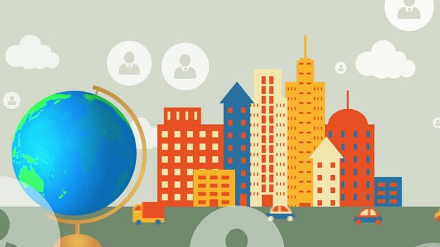 Composition of globe and digital people icons over cityscape