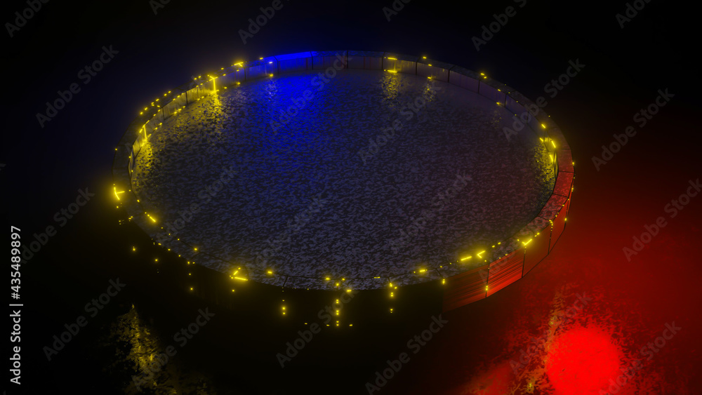 Poster round blank textured circular surface on a black background with a red-blue glow around. abstract th