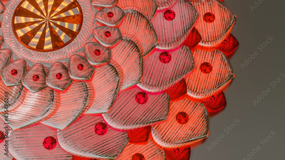 Poster metallic mandala pattern with red glow. abstract three-dimensional composition. 3d render illustrati