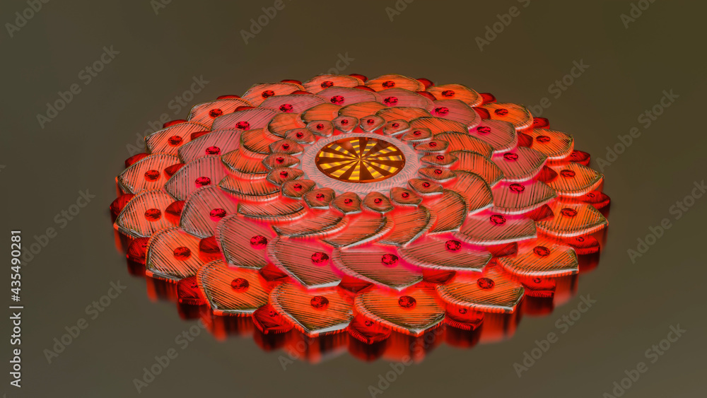 Aufkleber metallic mandala pattern with red glow. abstract three-dimensional composition. 3d render illustrati