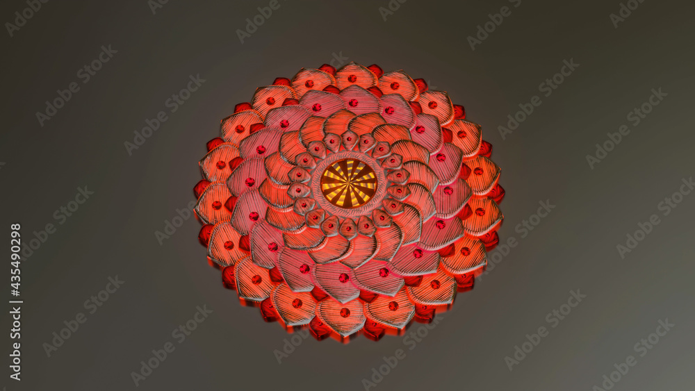Poster metallic mandala pattern with red glow. abstract three-dimensional composition. 3d render illustrati