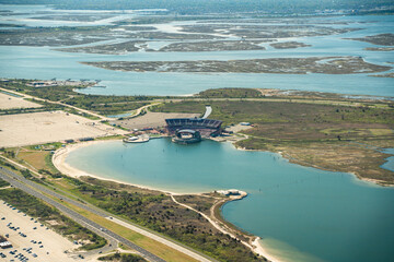 Aerial view of Long Island New York at Jones Beach State Park with historic theater