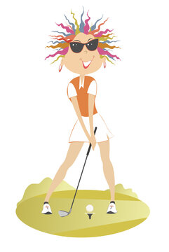 Young woman a golfer on the golf course illustration. Cartoon golfer woman in sunglasses aiming to do a good kick from the stand isolated on white