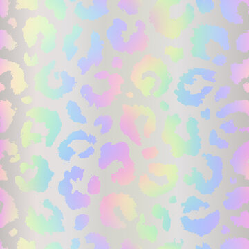 Hologram seamless pattern. Holographic animal texture. Iridescent background skin leopard, cheetah, panther or jaguar. Pearlescent color abstract design. Holography print. Rainbow gradient. Vector