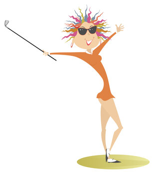 Young golfer woman on the golf course illustration. Happy golfer woman in sunglasses holds a golf club isolated on white