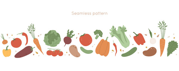 Seamless pattern with vegetables. Fresh food elements border. Gourd, celery, potato, carrot and seeds, chili pepper, tomato, broccoli, onion, salad leaves in frame design. Harvest objects
