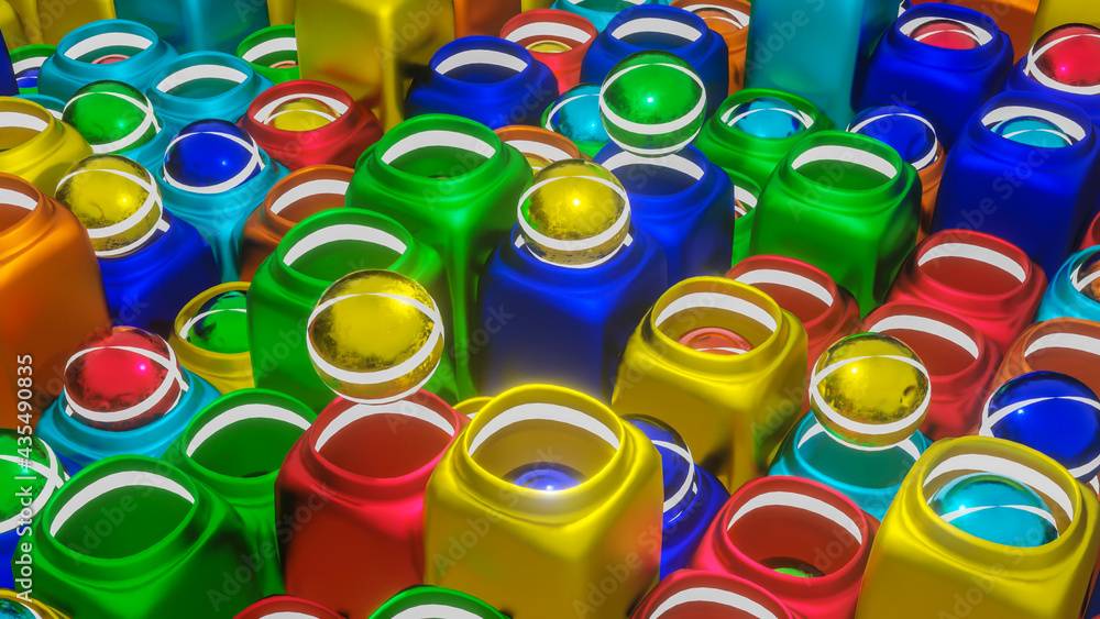Poster abstract background from rows of three-dimensional spheres and stylized jugs for them. 3d render ill