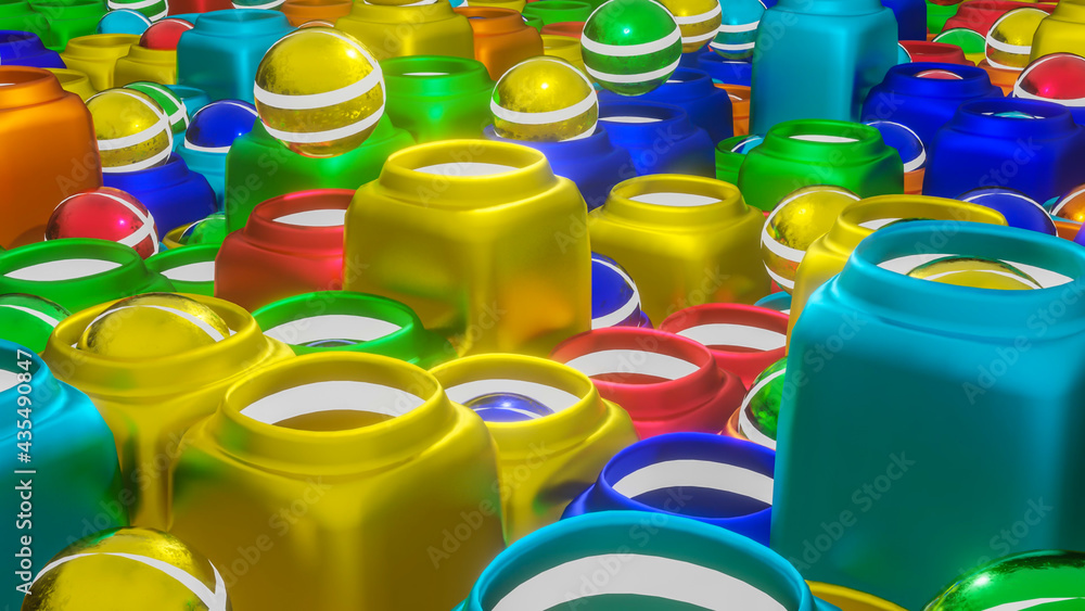 Poster abstract background from rows of three-dimensional spheres and stylized jugs for them. 3d render ill