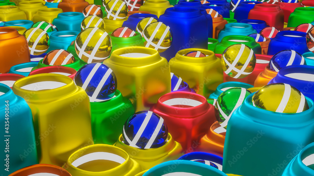 Poster abstract background from rows of three-dimensional spheres and stylized jugs for them. 3d render ill