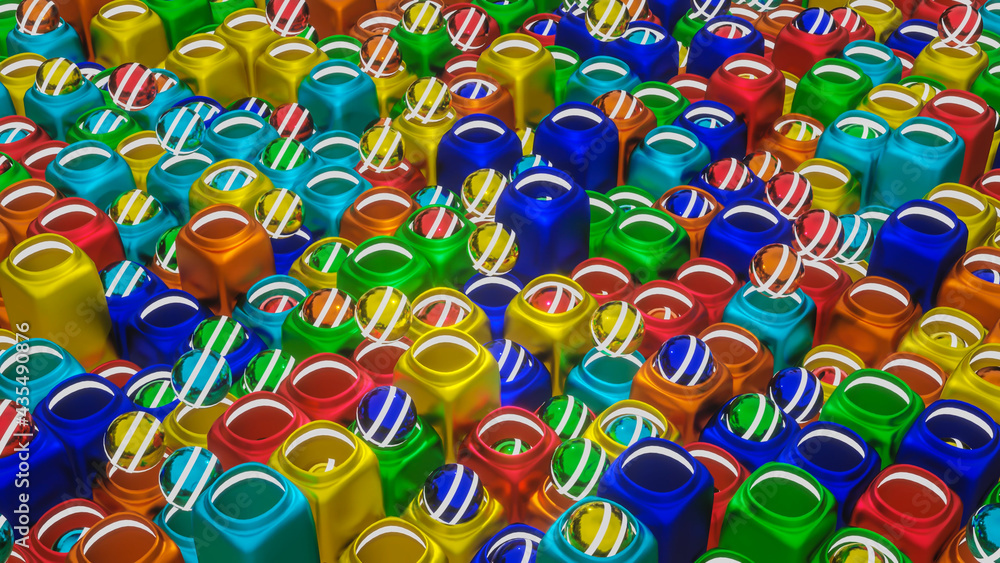 Poster abstract background from rows of three-dimensional spheres and stylized jugs for them. 3d render ill