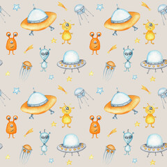Space Seamless pattern with Astronaut, cosmonaut, Space rocket, Flying saucer UFO, Spaceship, alien, Unidentified flying object, stars. Watercolor kids fabric design, wrapping paper, background