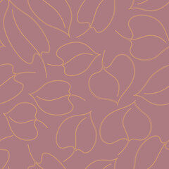 Seamless elegant pattern with golden outline leaves on a pink background. The pattern can be used for wrapping papers, invitation cards, wallpapers, covers, textile prints. Vector illustration, eps10.