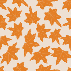 Seamless autumn baby pattern with orange gold hand drawn leaves on a beige background. The pattern can be used for wrapping papers, cards, wallpapers, covers, textile prints. Vector, eps 10.