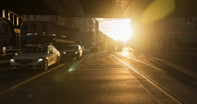 Timelapse of busy intersection with streetcars in central Berlin at Eberswalder street