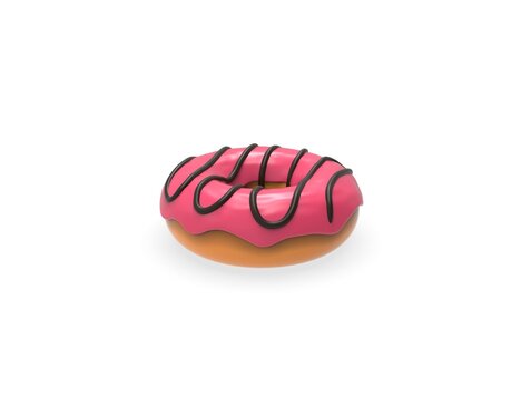 Donut in pink chocolate with icing. 3D render model isolated white background.
