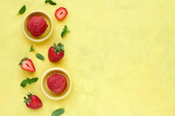 Strawberry ice cream sorbet with fresh berry . Top view with copy space - obrazy, fototapety, plakaty