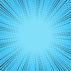 Radial Speed Line background. Vector illustration. Comic book black and blue radial lines background. Halftone.	