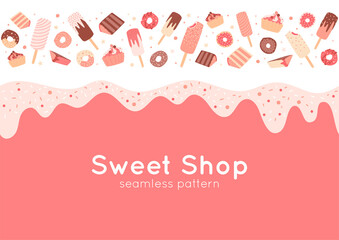 Border with donuts, cupcakes, ice cream, sprinkles. Seamless pattern with sweet food in pink pastel colors. Cute print, poster with candy. Vector illustration for sweet shop banner concept.