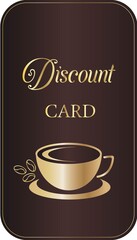 Cup of coffee. Royal discount loyalty card,coupon,voucher, banner for coffee shop or cafe with golden coffee cup and beans. Rich brown background.
