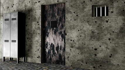 Prison gate, cell entrance. Wardrobe and door. Bunker and secret place, basement. Underground gloomy places. Wall with bullet holes and metal door peeling and corroded. 3d render