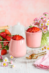 Strawberry sour cream jelly dessert in glasses. Selective focus. Summer berry dessert.