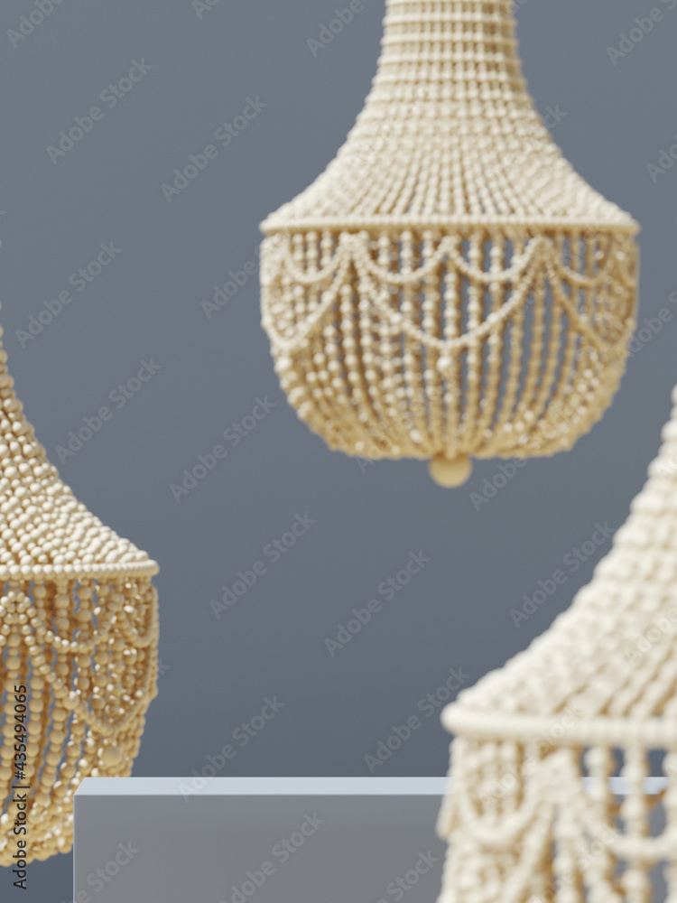 Poster abstract mockup background for product presentation. beaded chandelier and podium on grey background