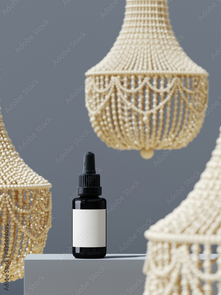 Poster abstract mockup background for product presentation. beaded chandelier, cosmetic bottle and podium o