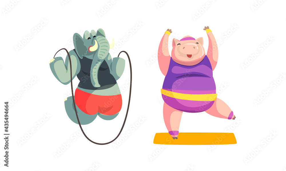 Wall mural Cute Animals Wild Animals Doing Sports Set, Pig Practicing Yoga and Elephant Jumping with Skipping Rope Cartoon Vector Illustration