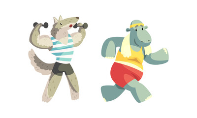 Cute Animals Wild Animals Doing Sports Set, Wolf Exercising with Dumbbells and Hippo Running Wearing Sports Uniform Cartoon Vector Illustration
