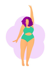 A happy plump girl in a green swimsuit. Body positive. Love your body. Girls on the beach. Acceptance of your body.