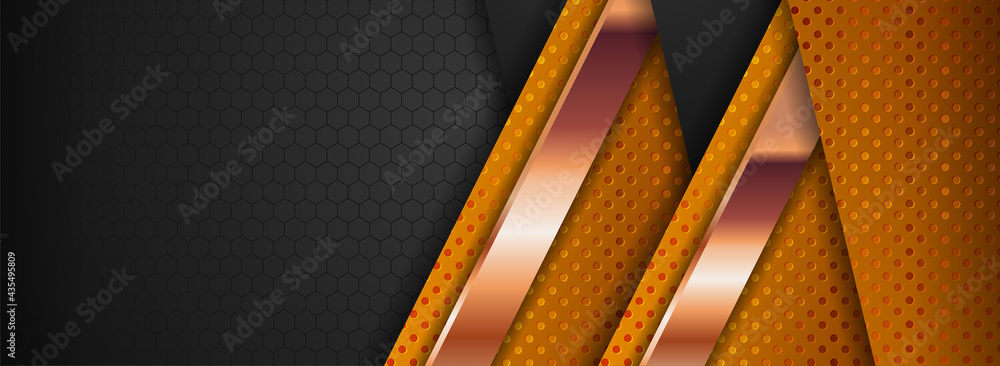 Poster abstract futuristic black background with golden element with overlap textured layered style concept