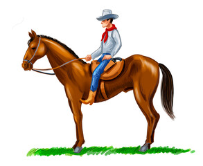Cowboy riding a brown horse. Digital illustration