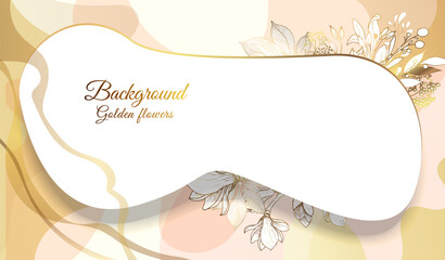 Plants line gold. 3D paper cutout. Leaves and flowers from golden threads. Original frame with summer flowers in a modern style. Beige background. Vector illustration.