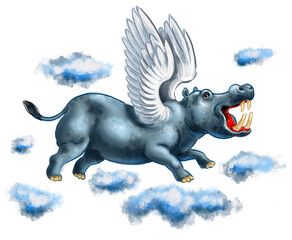Flying hippopotamus. Digital illustration