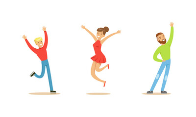Set of Happy People, Joyful Man and Woman Celebrating Victory Cartoon Vector Illustration